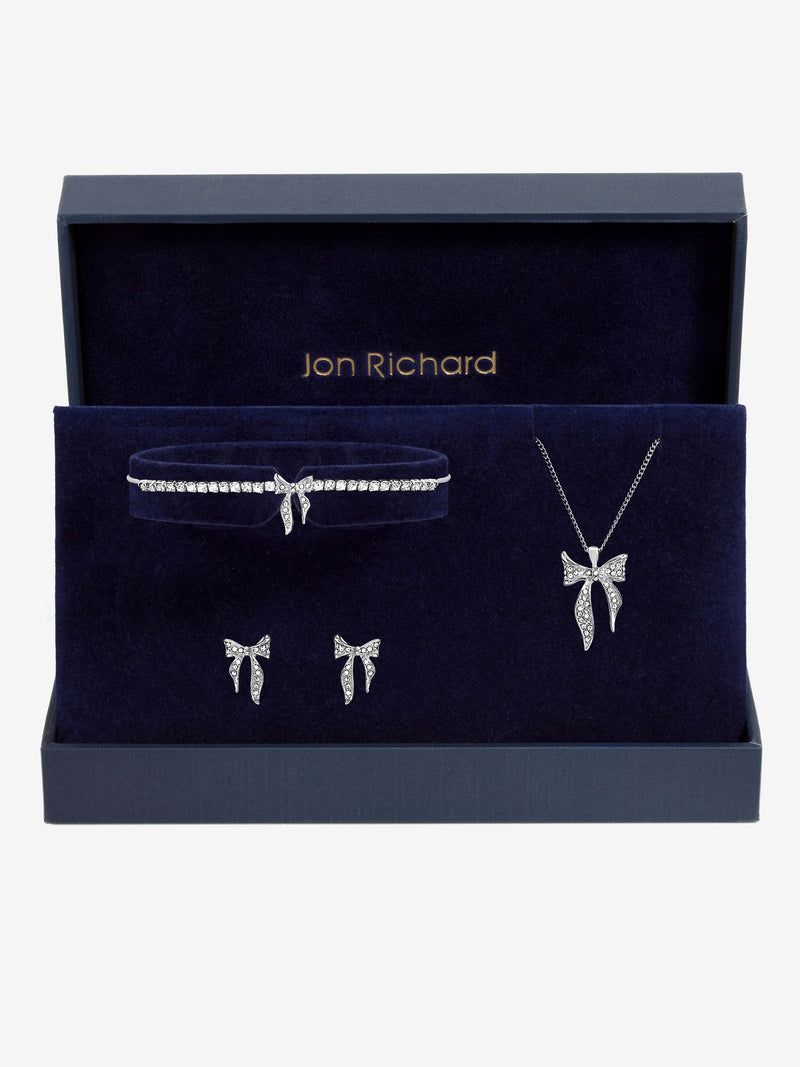 Silver Plated Pave Bow Trio Jewellery Set with 16' Chain and Lobster Clasp