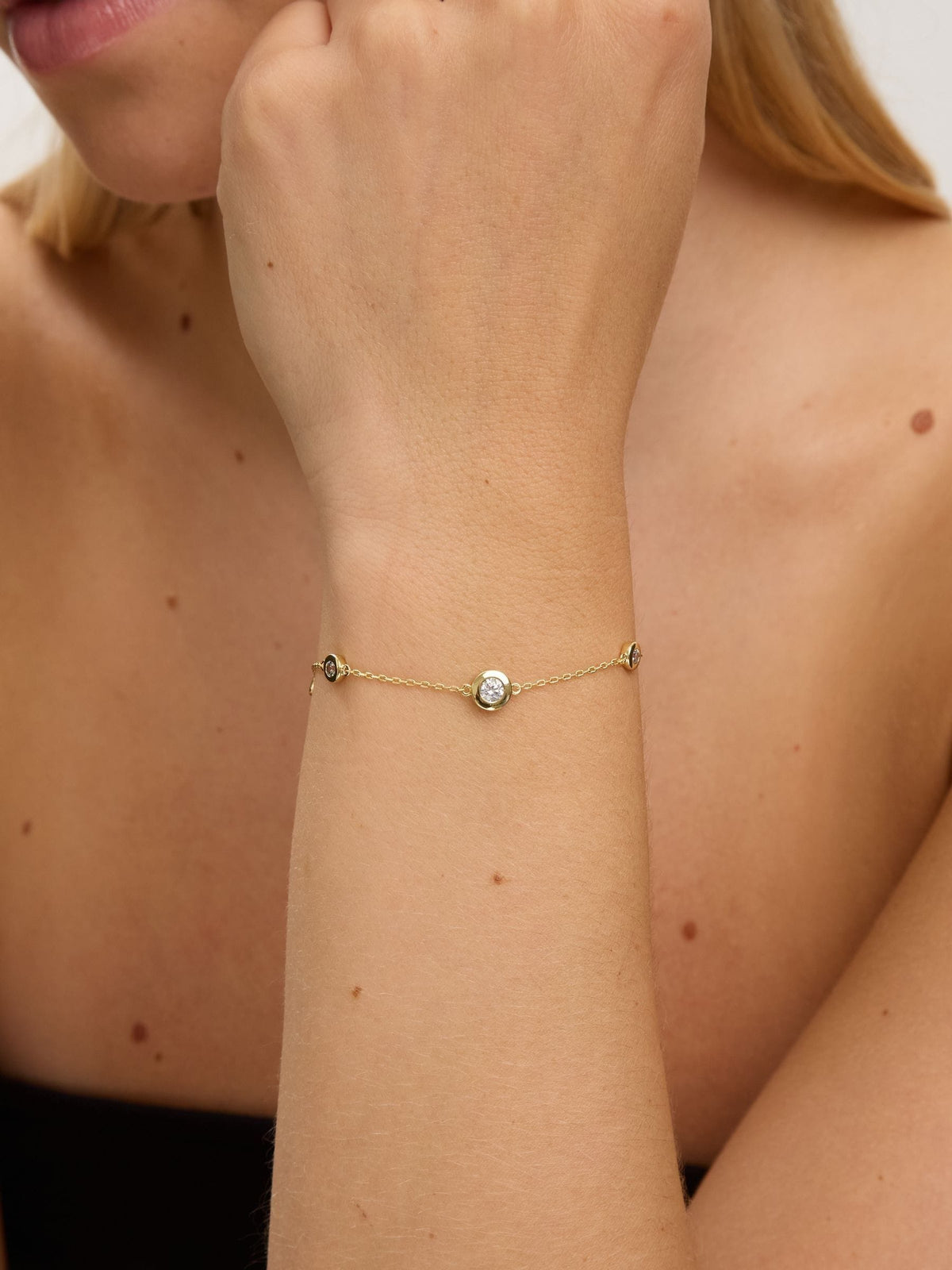 14K Gold Plated Cubic Zirconia Besel Station Bracelet with Lobster Clasp, 8-inch Chain