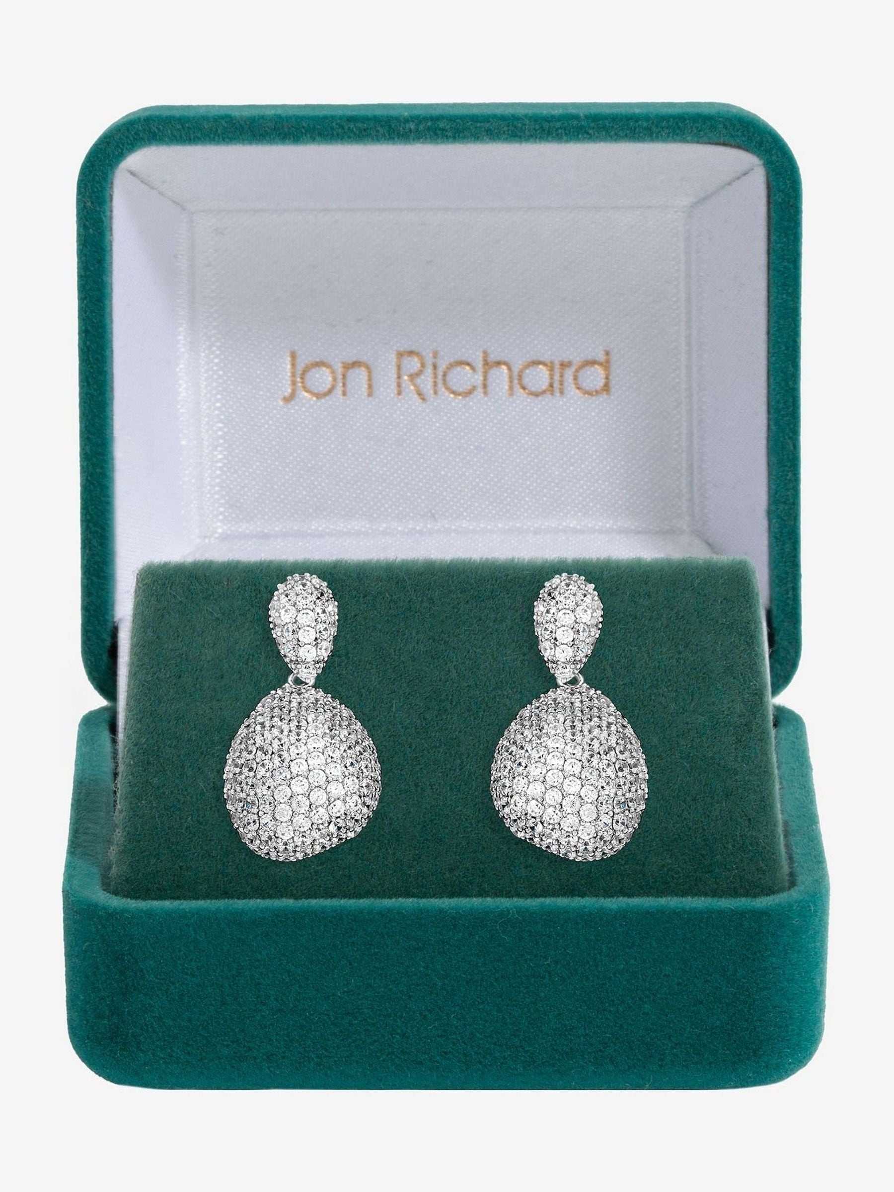 Jon Richard Silver Rhodium Plated and Cubic Zirconia Drop Dome Earrings Gift Box