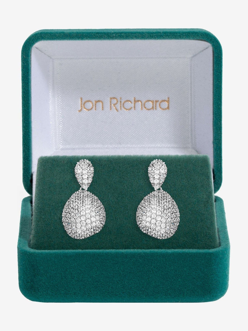 Jon Richard Silver Rhodium Plated and Cubic Zirconia Drop Dome Earrings Gift Box