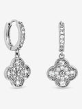 Rhodium Plated Pave Clover Earrings with Post and Bullet Back, 11mm x 25mm