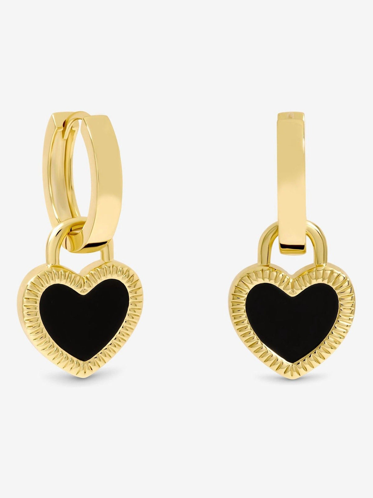 Gold Plated Jet Enamel Heart Hoop Earrings, 28.3mm Length with Huggie Fastening