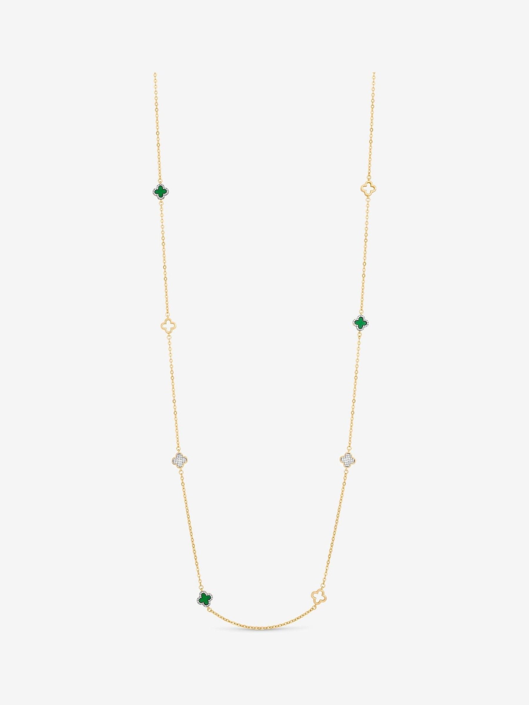 Gold Plated Malachite Clover Station Rope Necklace with Lobster Clasp