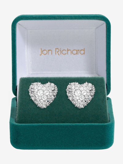 Rhodium Plated Pave Heart Stud Earrings with Gift Box