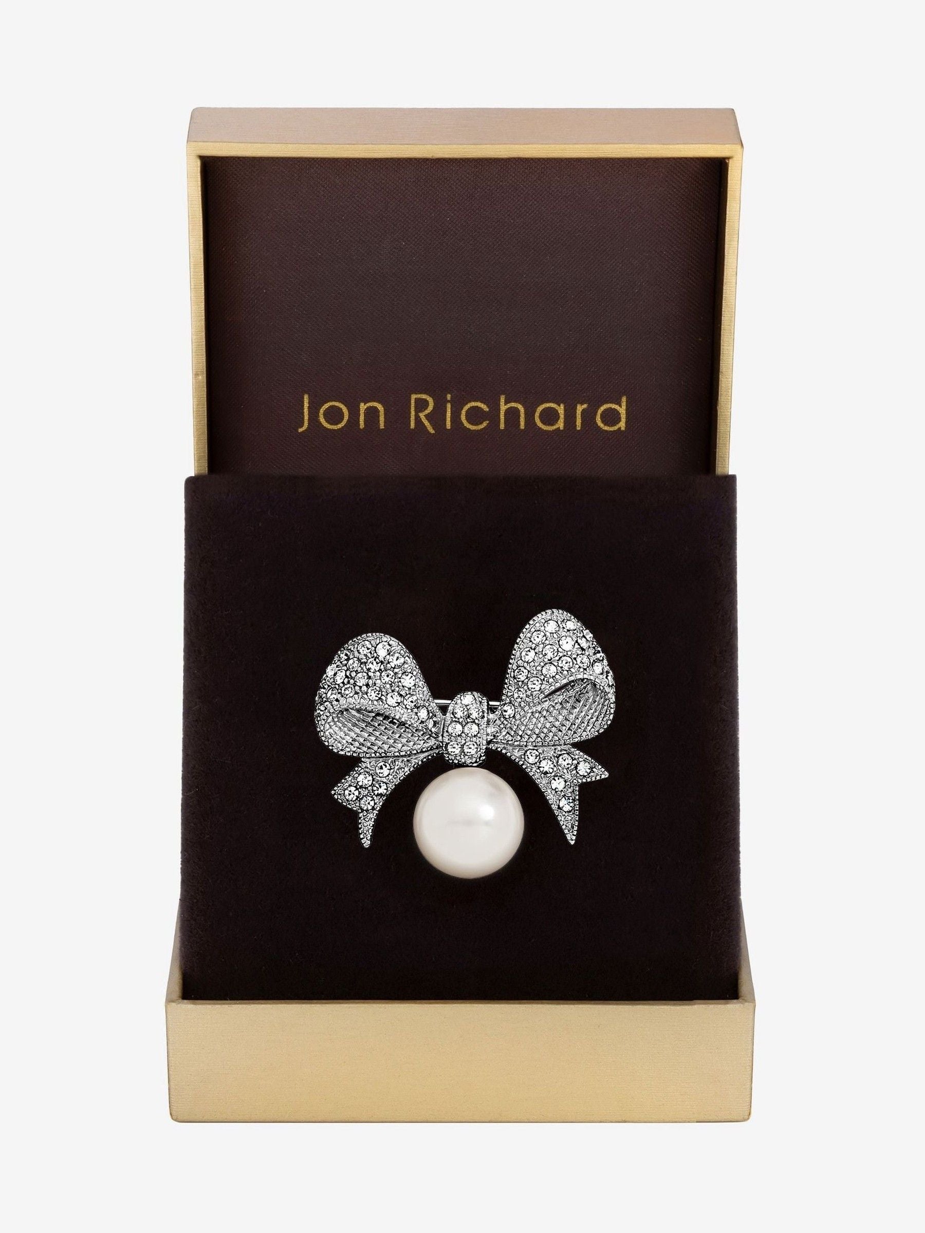 Silver-Plated Pearl and Crystal Bow Brooch with Pin Fastening