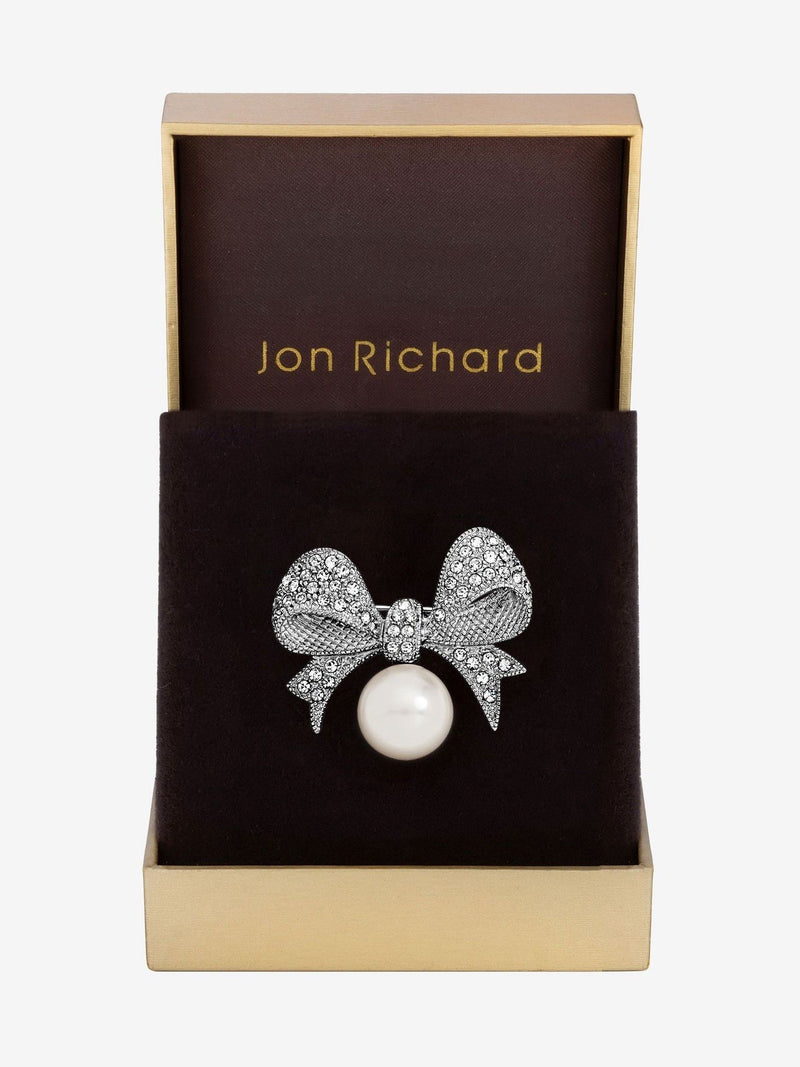 Silver-Plated Pearl and Crystal Bow Brooch with Pin Fastening