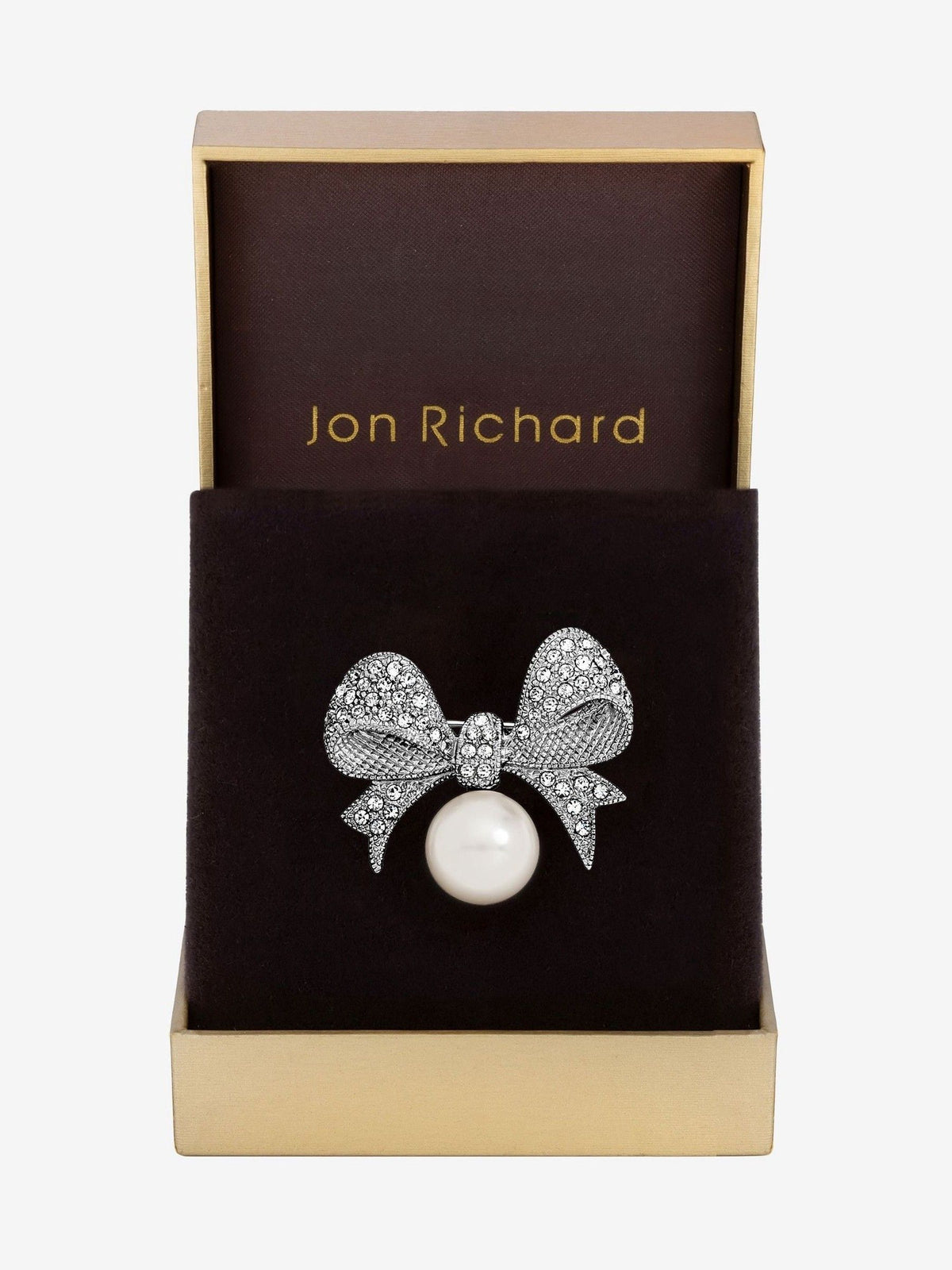 Silver-Plated Pearl and Crystal Bow Brooch with Pin Fastening