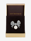 Silver-Plated Pearl and Crystal Bow Brooch with Pin Fastening