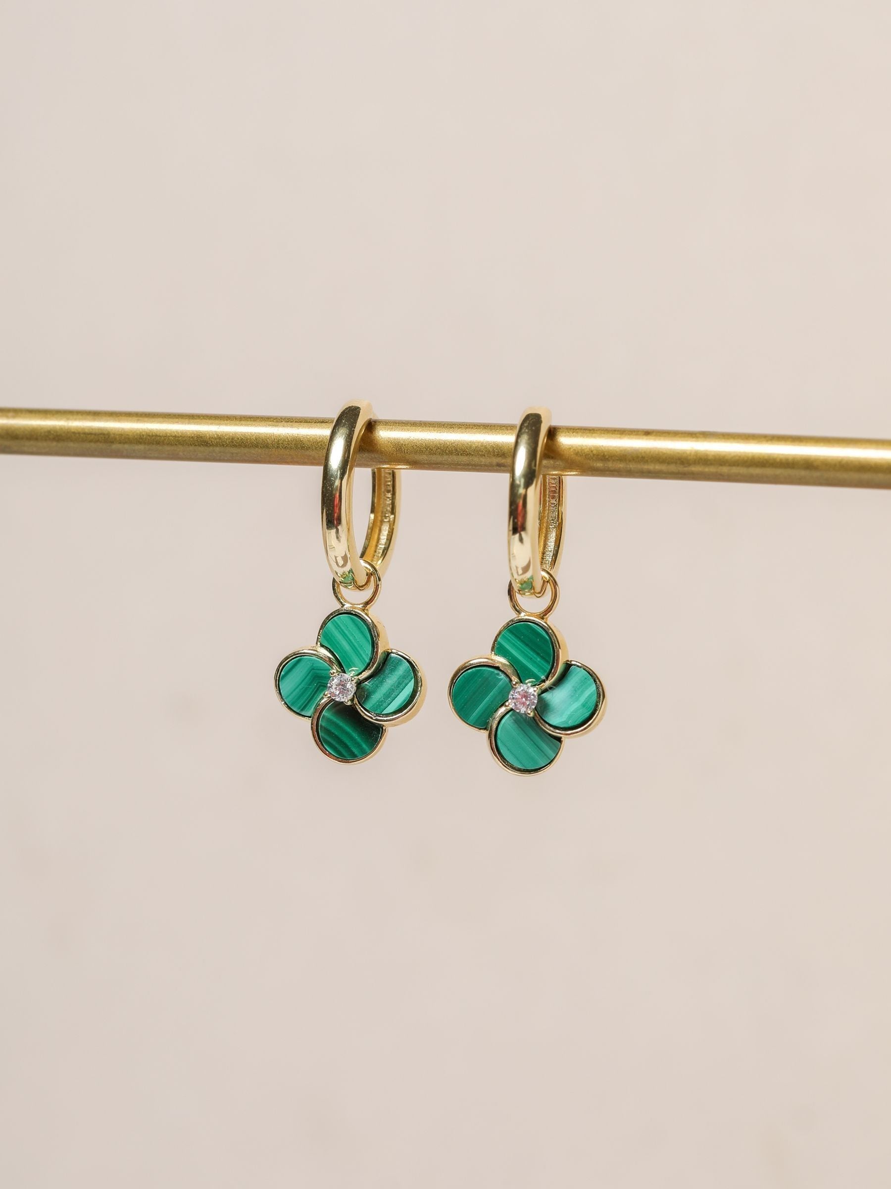 Jon Richard Gold Plated and Malachite Four Leaf Clover Huggie Earrings