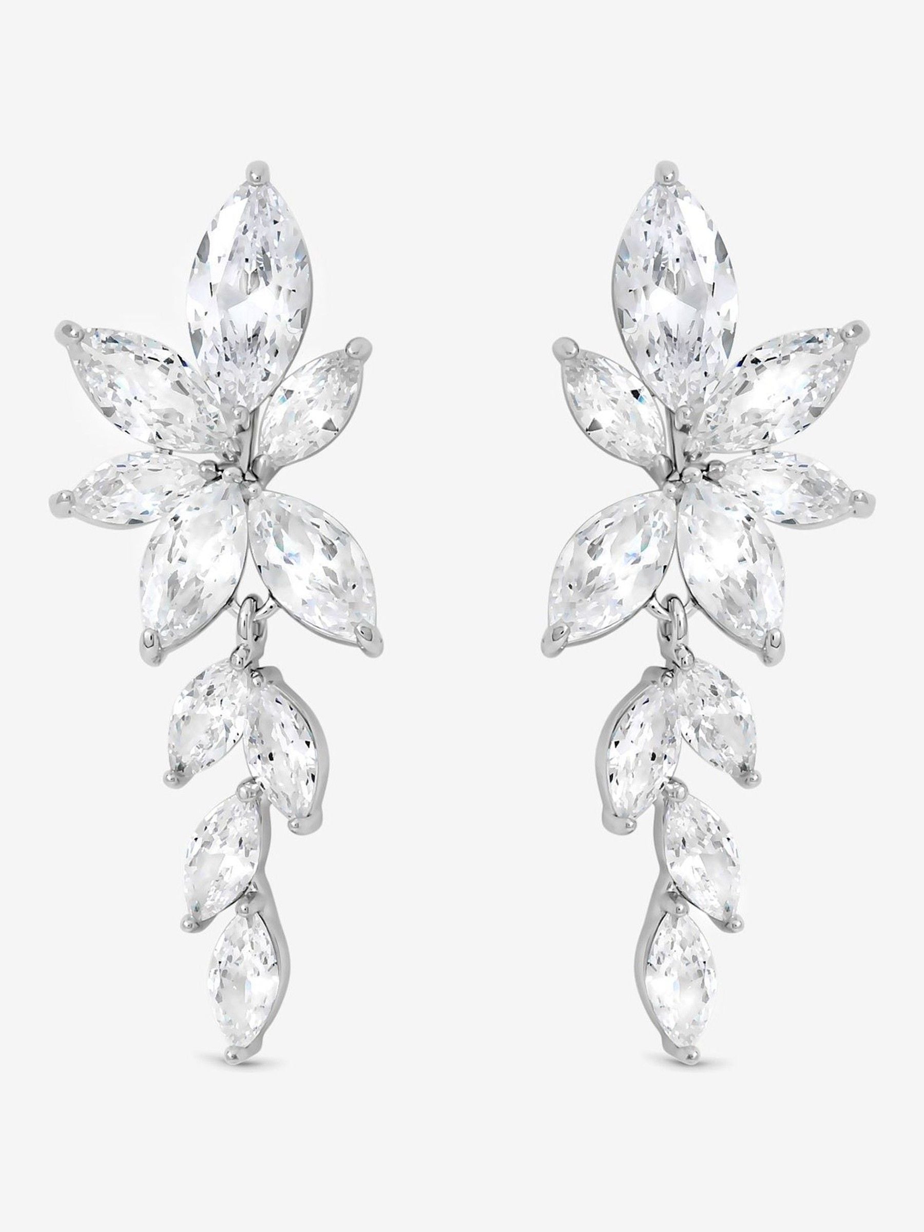 Rhodium Plated Crystal Leaf Drop Earrings