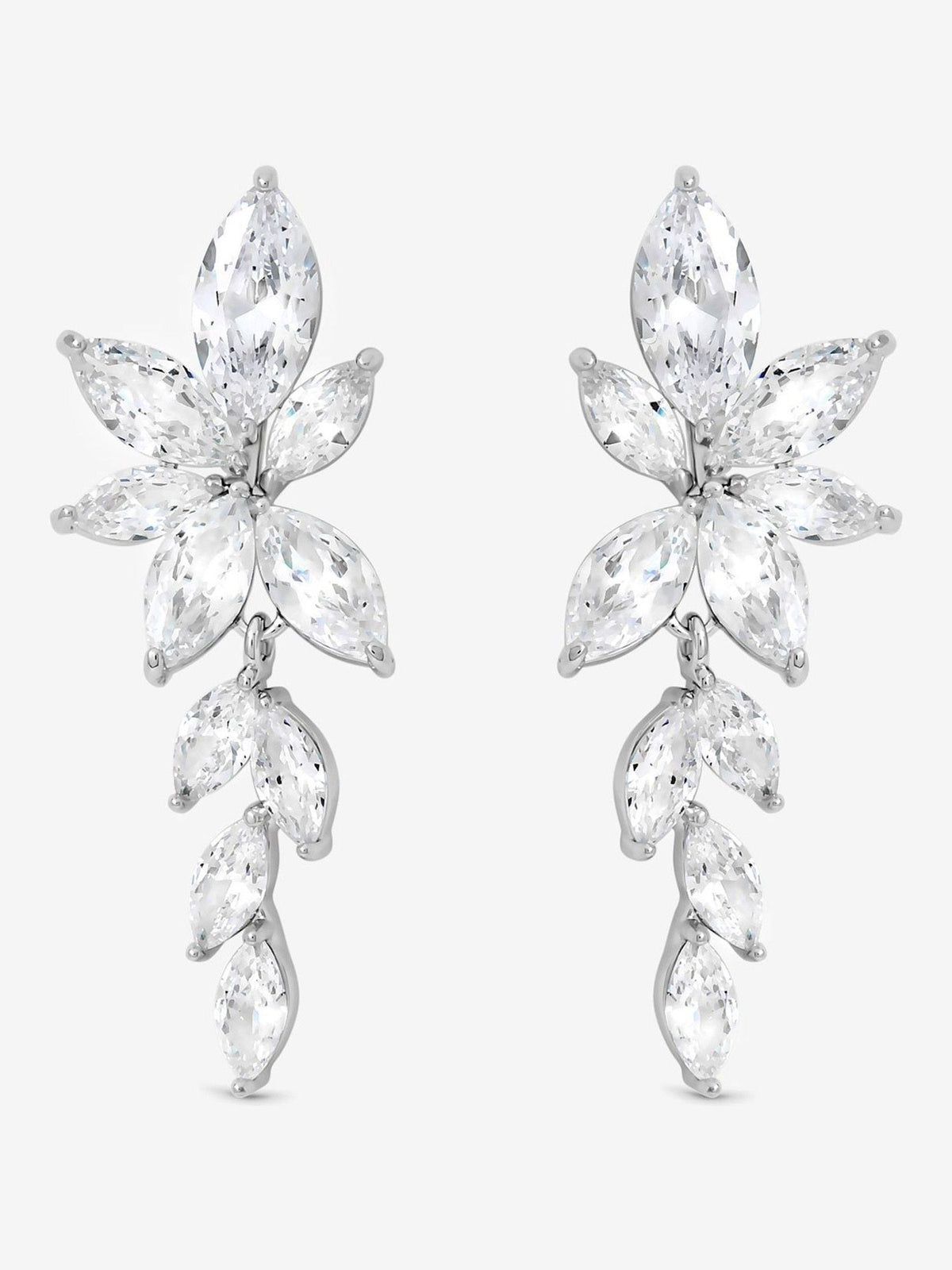 Rhodium Plated Crystal Leaf Drop Earrings