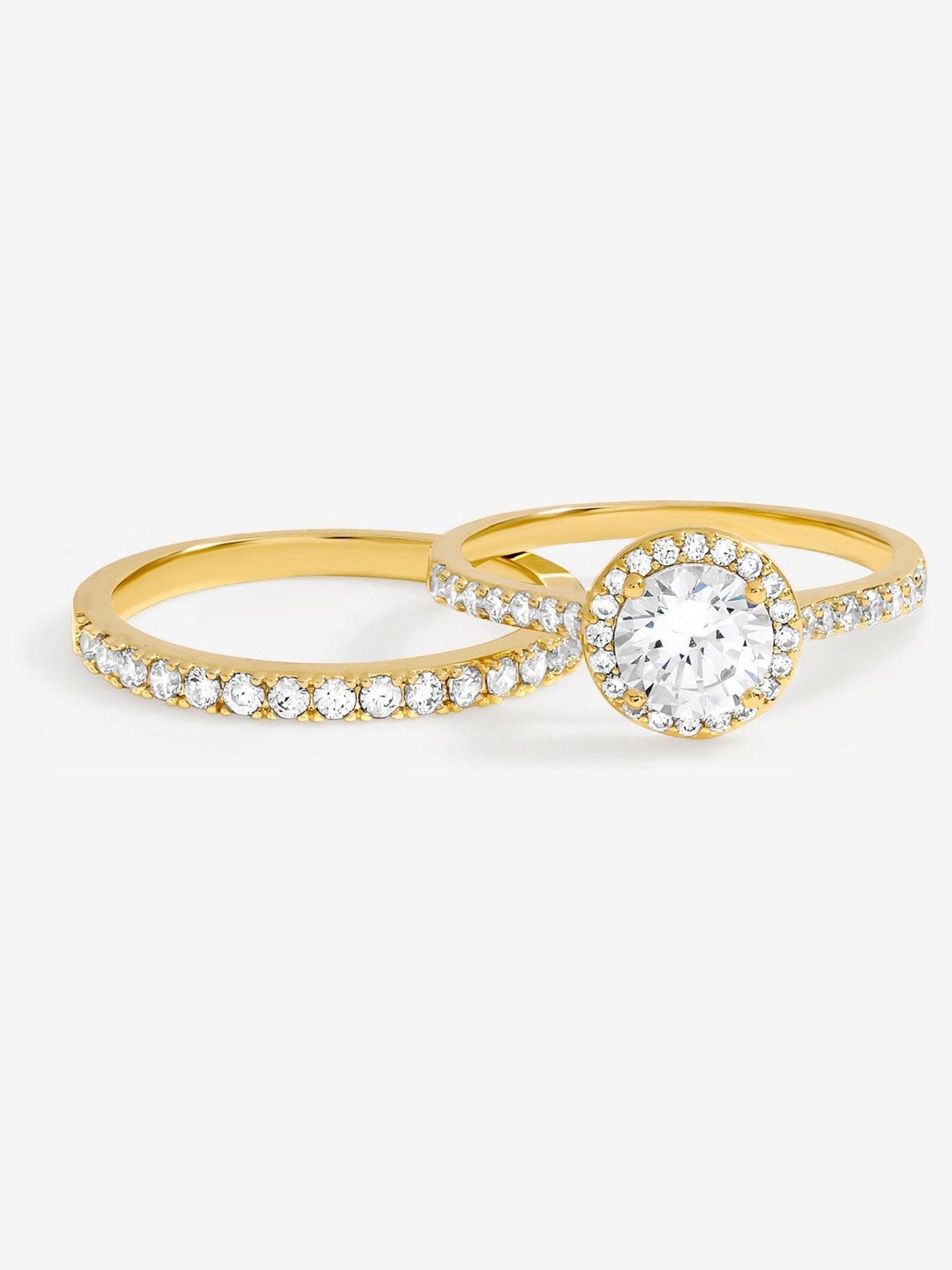 Gold Plated Halo Engagement Ring Set with Crystals, Multiple Sizes Available
