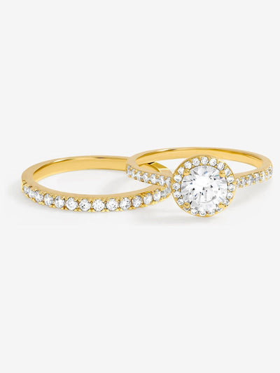 Gold Plated Halo Engagement Ring Set with Crystals, Multiple Sizes Available