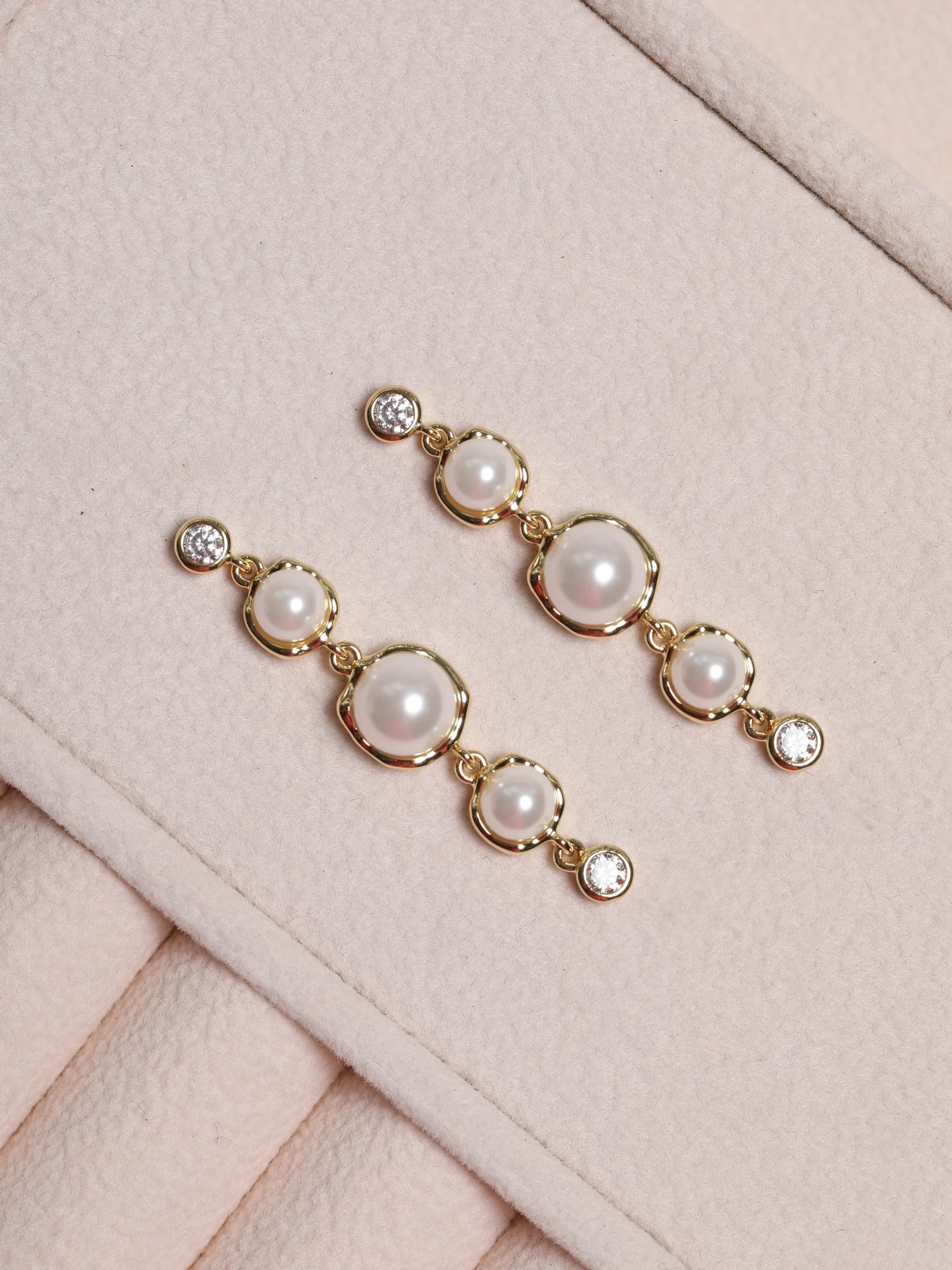 Graduated Pearl Drop Earrings in 14K Gold Plated Metal, 40mm Length
