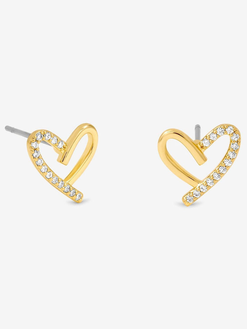14K Gold Plated Crystal and Polished Heart Stud Earrings