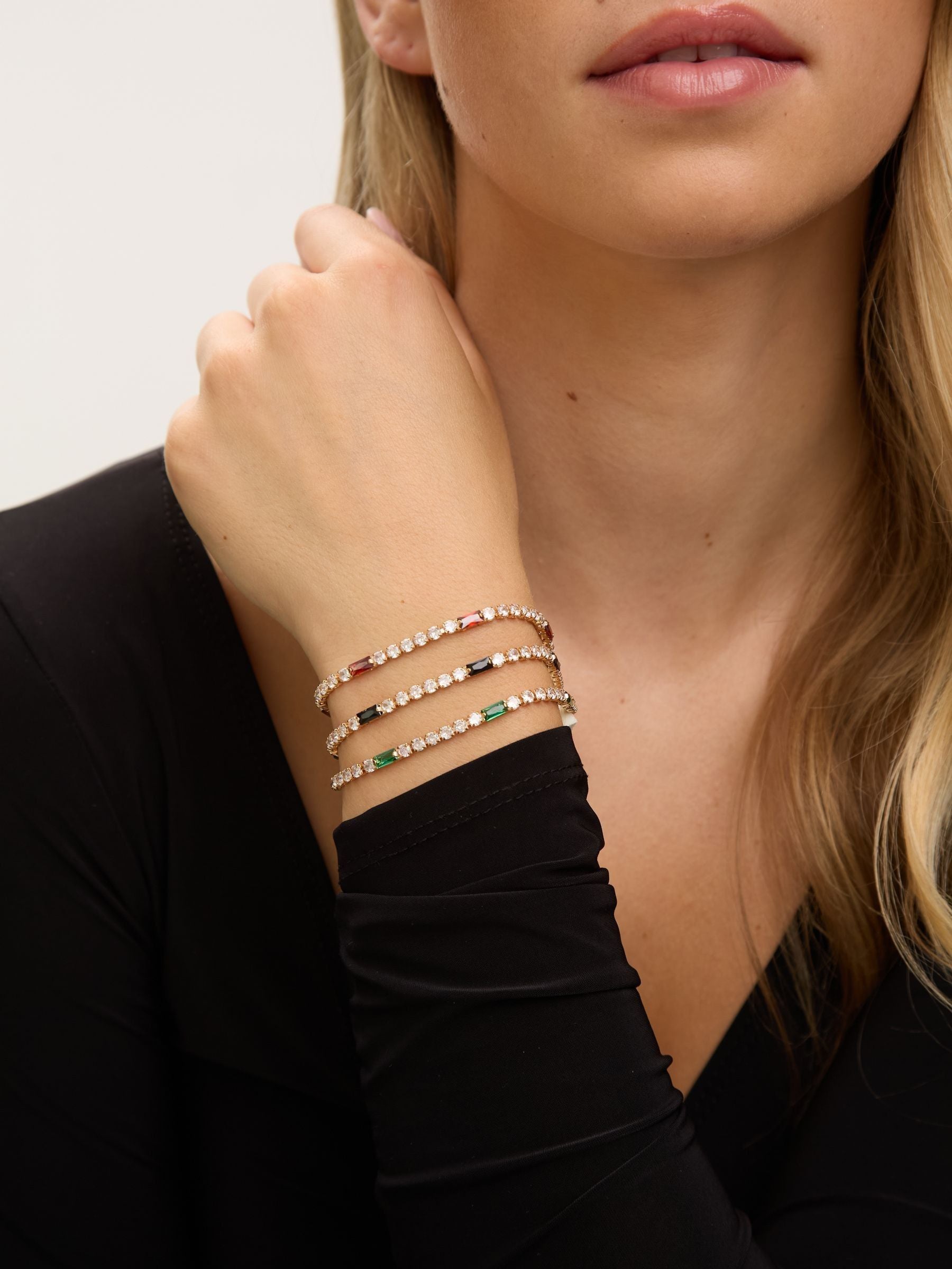 Gold Plated Ruby Crystal Tennis Bracelet with Button Clasp, 80mm Length