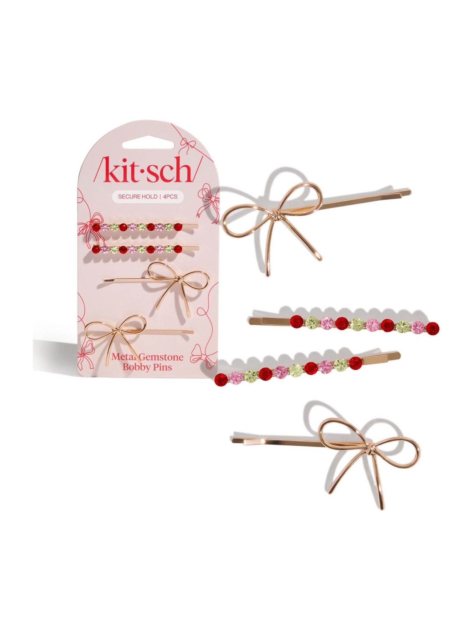 Kitsch gemstone and bow bobby pins 4 piece set, UK version