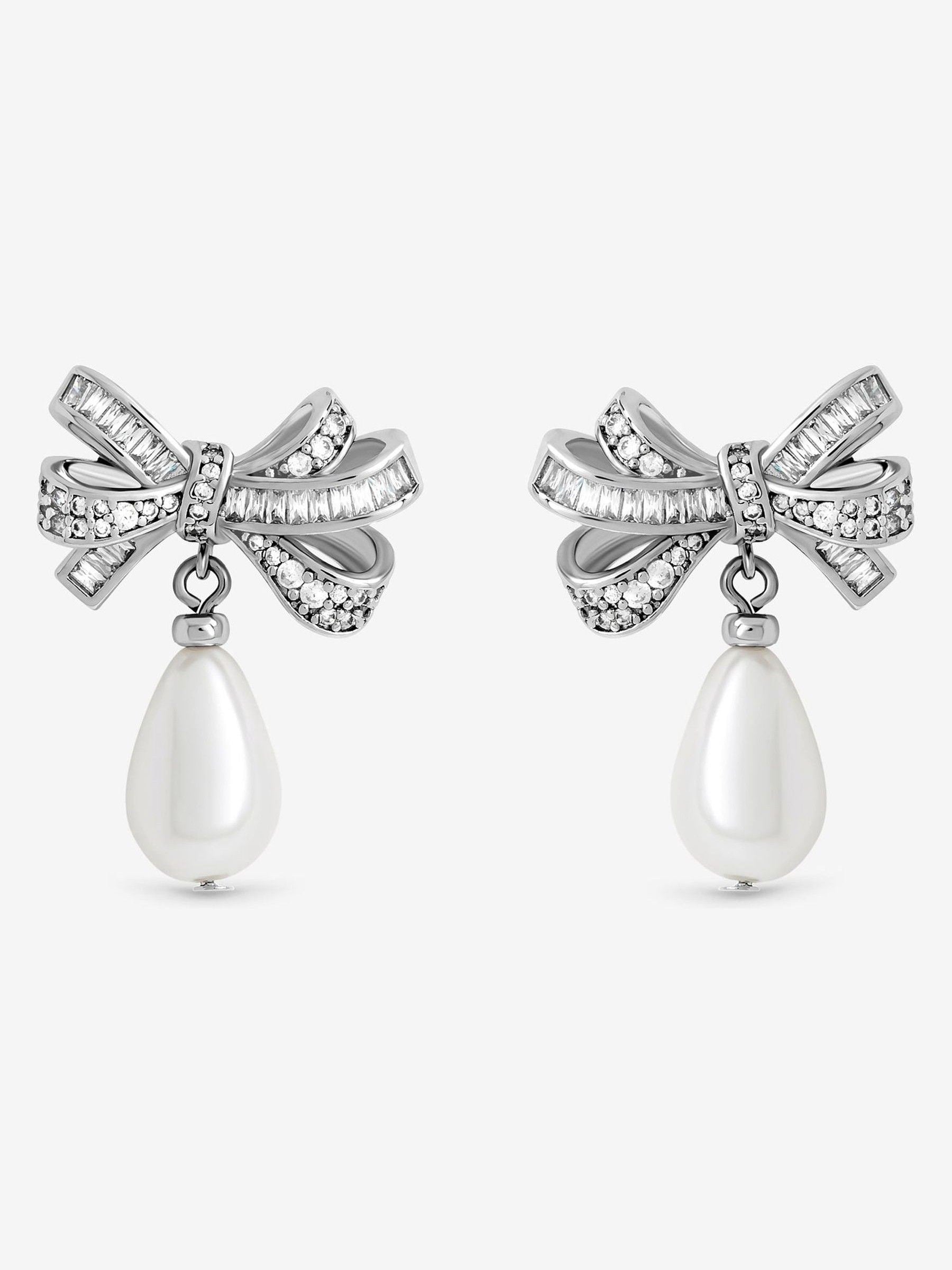 Rhodium Plated Cubic Zirconia and Pearl Bow Earrings with Post Fastening, 20mm
