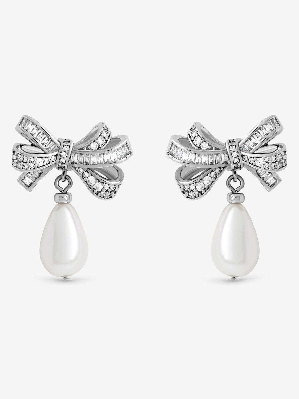 Rhodium Plated Cubic Zirconia and Pearl Bow Earrings with Post Fastening, 20mm