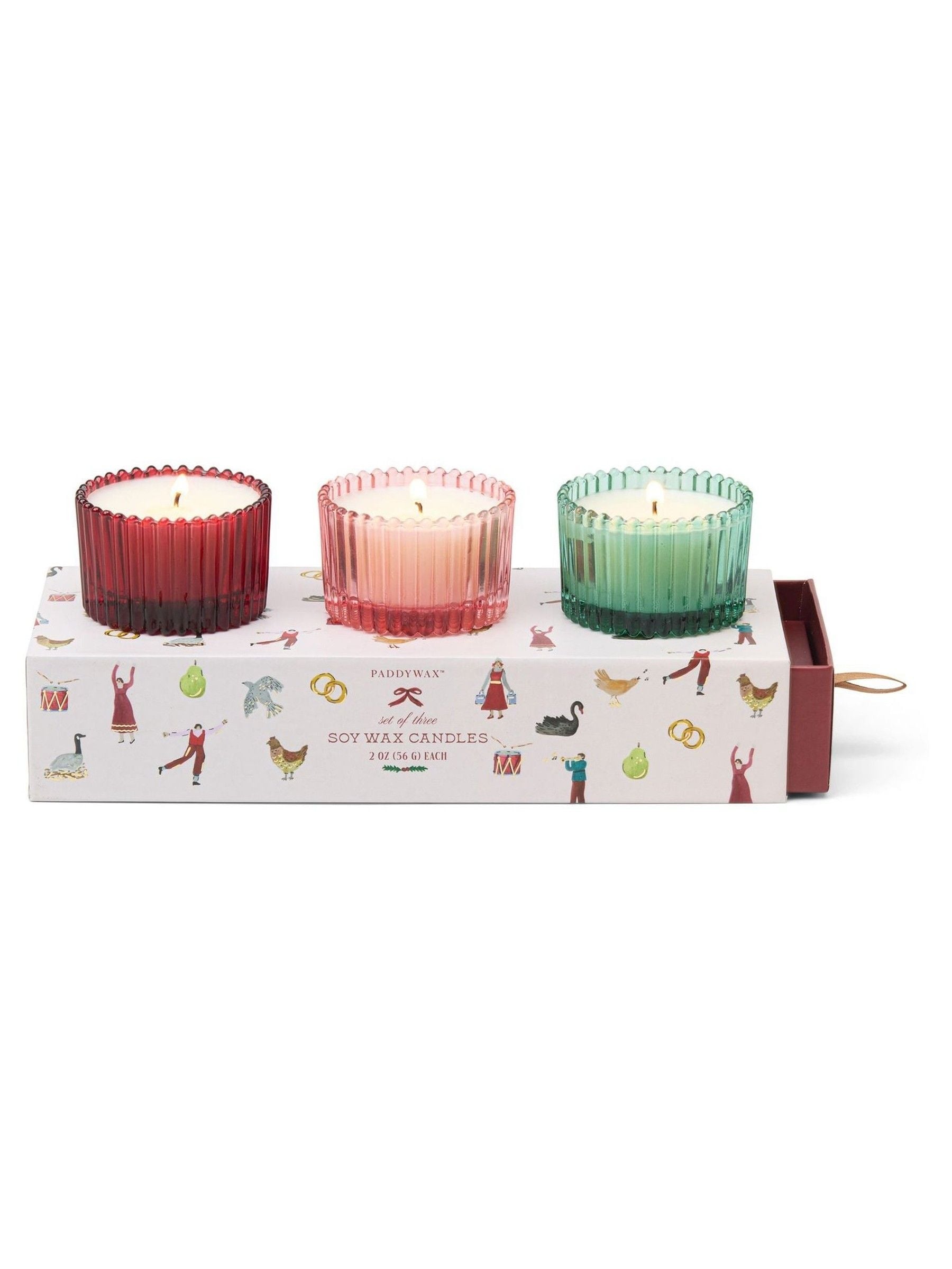 Paddywax Winter Berry Pink Peppermint Balsam Fir Christmas 3 x 2oz56g Ribbed Glass Gift Set