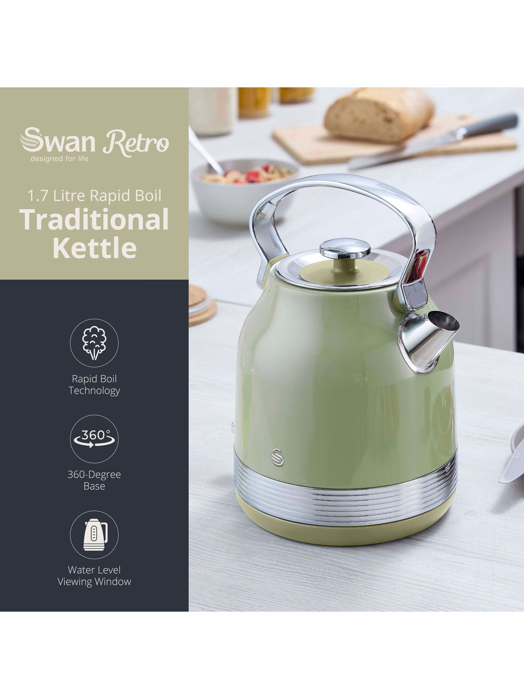 Swan Green Retro Traditional electric kettle 1.7L (British brand)