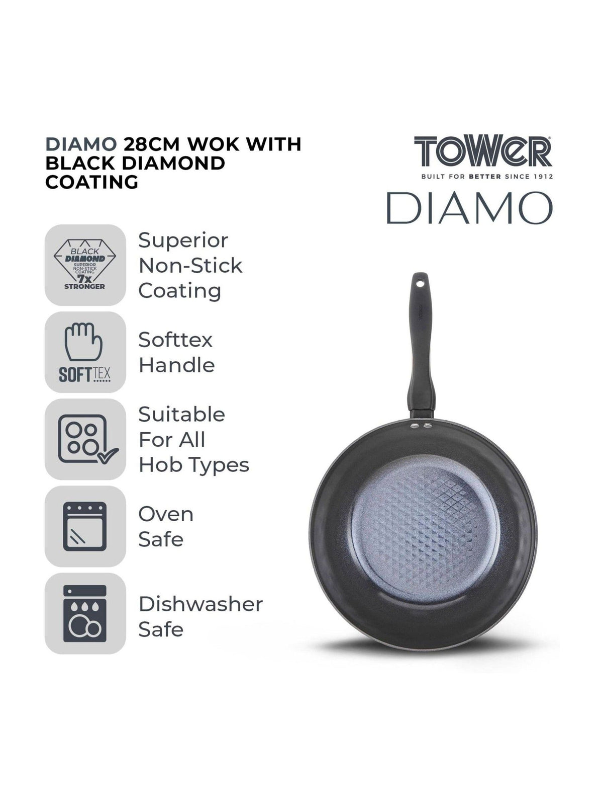 Tower Black 28cm Wok with Black Diamond Coating