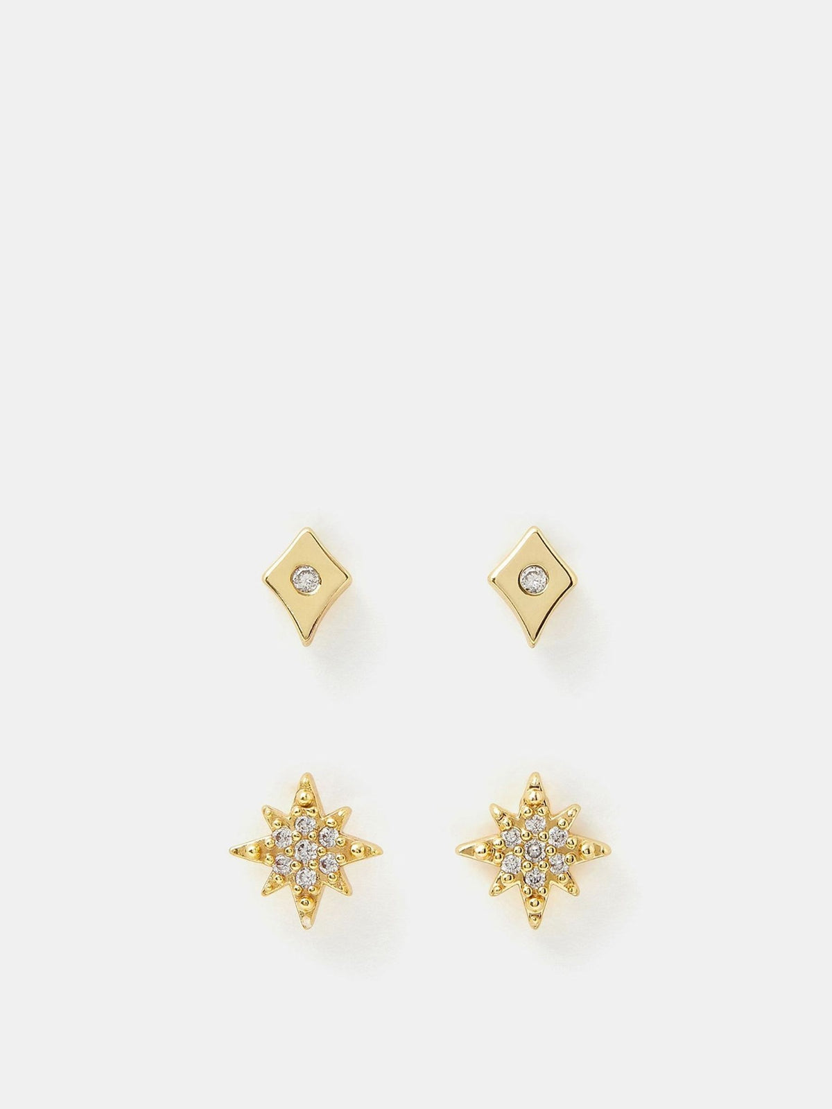Gold Tone 14ct Plated Diamanté Star Stud Earrings, 2-Pack
