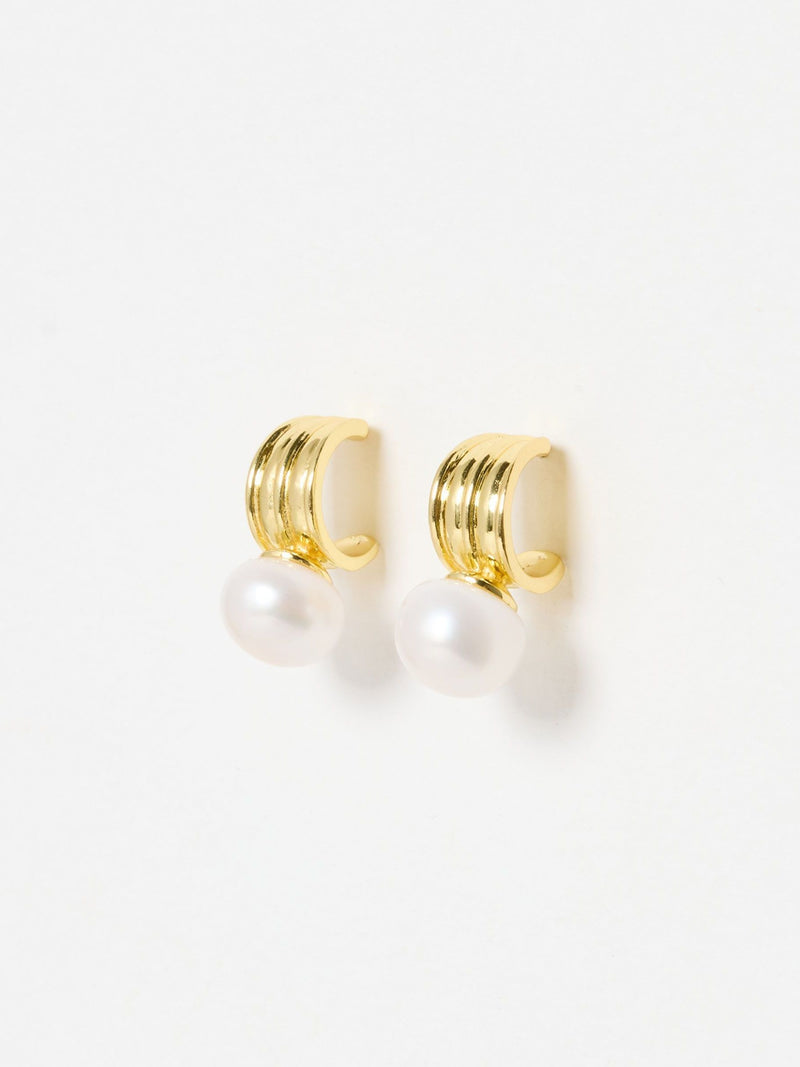 Wide Gold Plated Hoop Earrings with Ribbed Texture and Freshwater Pearl
