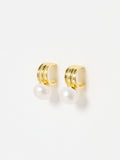 Wide Gold Plated Hoop Earrings with Ribbed Texture and Freshwater Pearl