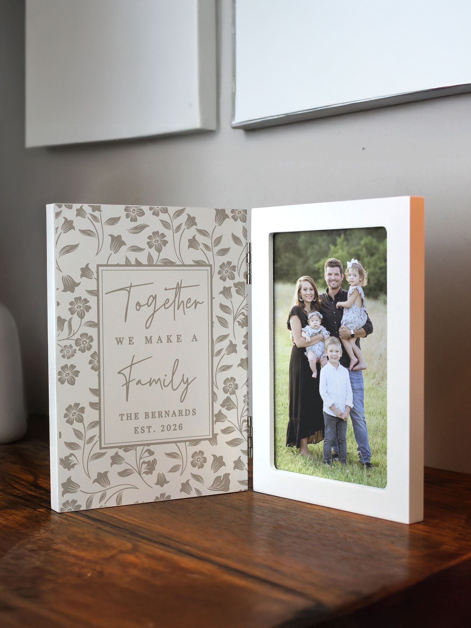 PMC personalised family wooden hinged 6x4 photo frame, imported from the UK