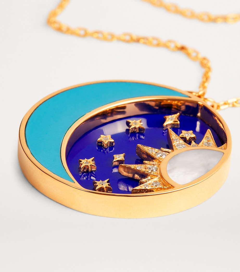 L'atelier Nawbar sun and moon pendant necklace with yellow gold, diamonds, lapis lazuli, and turquoise, UK version