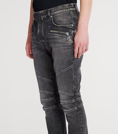 Slim Fit Washed Denim Jeans with Horizontal Zips and Ribbed Knee Caps