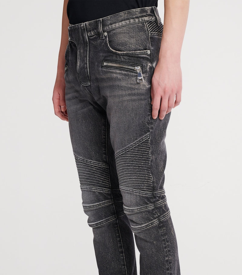 Slim Fit Washed Denim Jeans with Horizontal Zips and Ribbed Knee Caps