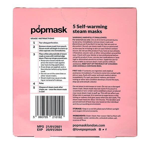 Popmask Sleepover self heating eye masks 5 pack, imported from the UK