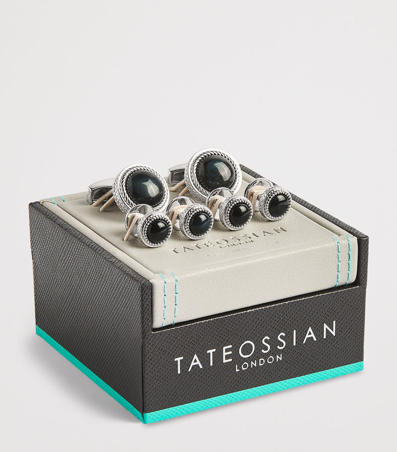 Tateossian sterling silver and onyx herringbone cufflinks and studs set (British brand)