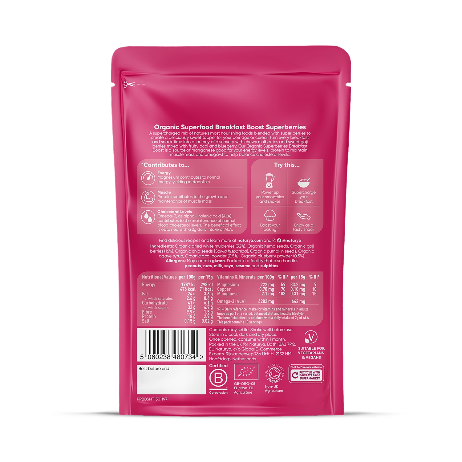 Naturya Organic Superberries Breakfast Boost 150g, imported from the UK
