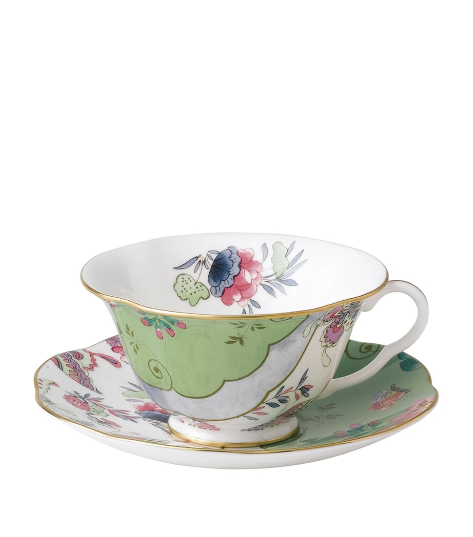 Floral Print Teacup and Saucer Set with Gold Banding, 185ml Capacity