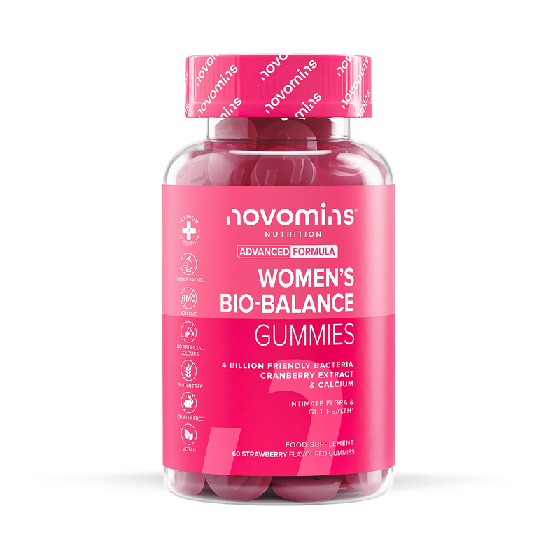 Novomins Women's Bio-Balance Strawberry Flavoured Probiotic Gummies 60 Gummies, imported from the UK