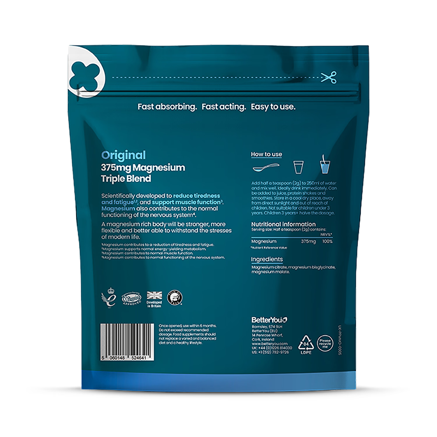 BetterYou Magnesium Max Original Magnesium Triple Blend Powder Drink Mix 120g