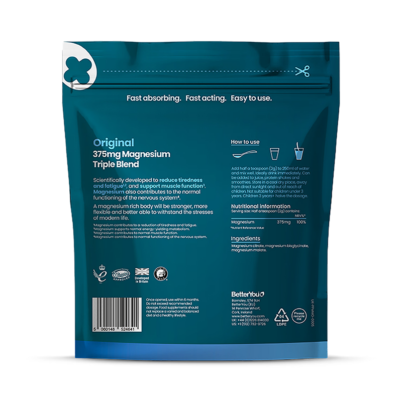 BetterYou Magnesium Max Original Magnesium Triple Blend Powder Drink Mix 120g