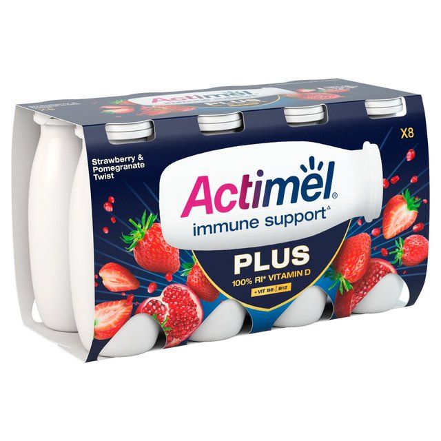 Actimel Plus 100% Vitamin D Strawberry & Pomegranate Immunity Yoghurt   8 x 100g - McGrocer