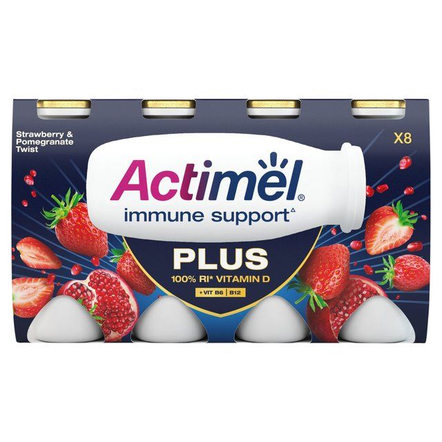 Actimel Plus 100% Vitamin D Strawberry & Pomegranate Immunity Yoghurt   8 x 100g - McGrocer