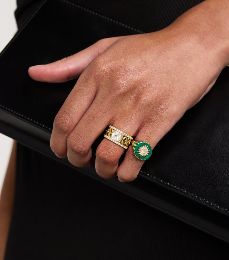 L'atelier Nawbar Small Yellow Gold Diamond Emerald Pearl Bond Street Ring Size 48, UK version
