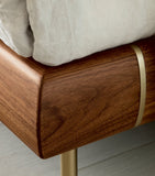Solid Wood Bed Frame with Brass Inserts and Upholstered Headboard, Approx. 130x214x300cm