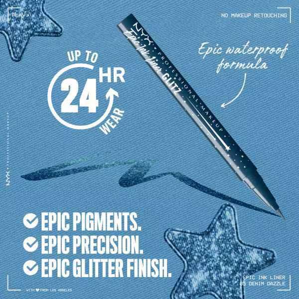 NYX professional makeup liquid eyeliner Denim Dazzle shade, imported from the UK