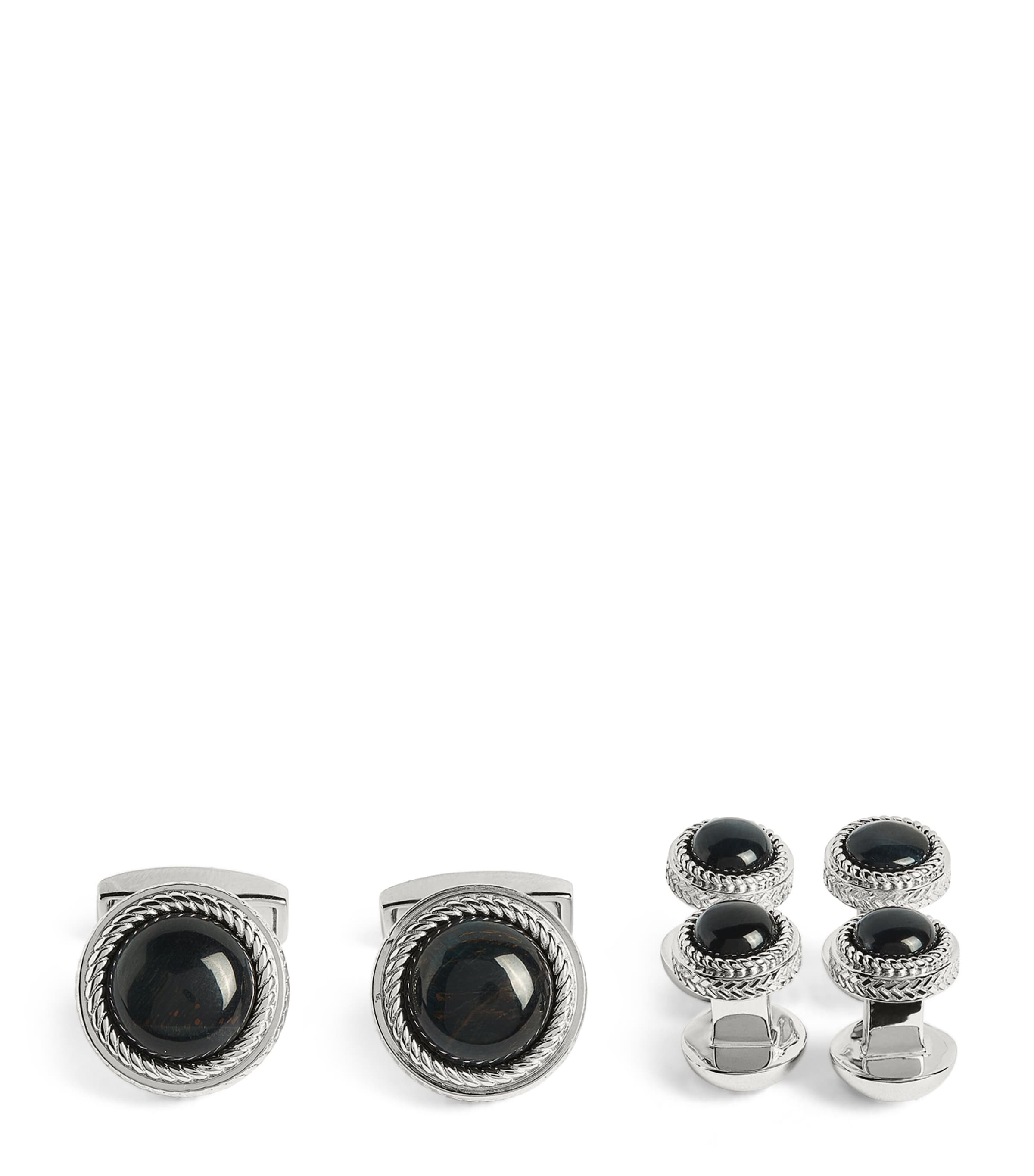 Tateossian sterling silver and onyx herringbone cufflinks and studs set (British brand)