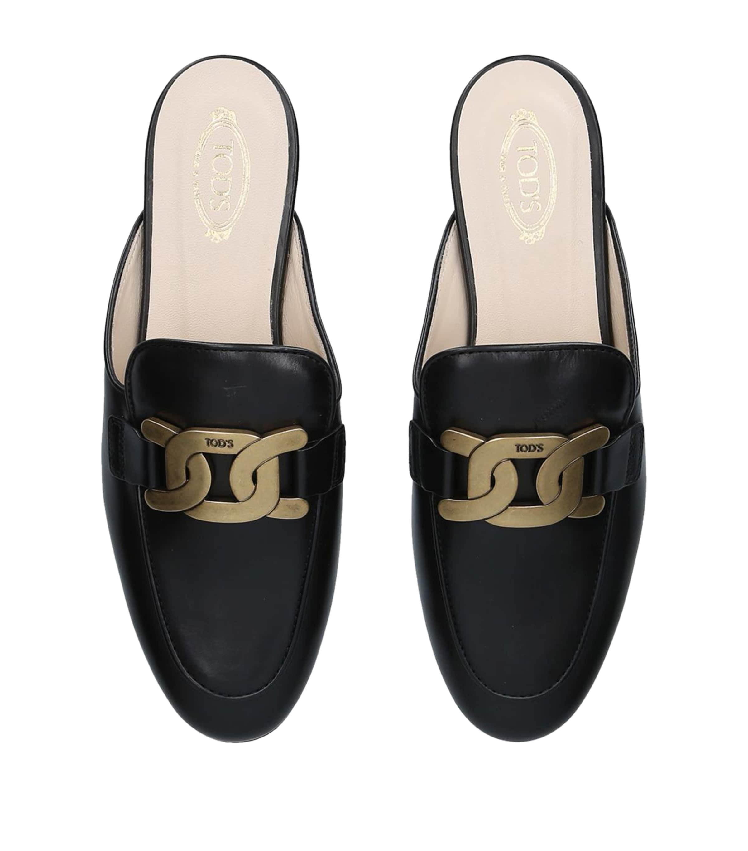 Tod's leather slippers with signature chain detail (British brand)