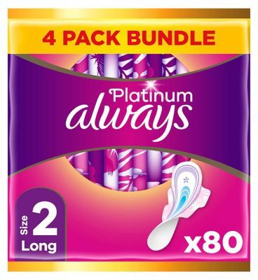 Always Platinum Long (Size 2) Pads Wings 20 Sanitary Towels x4 Bundle - McGrocer