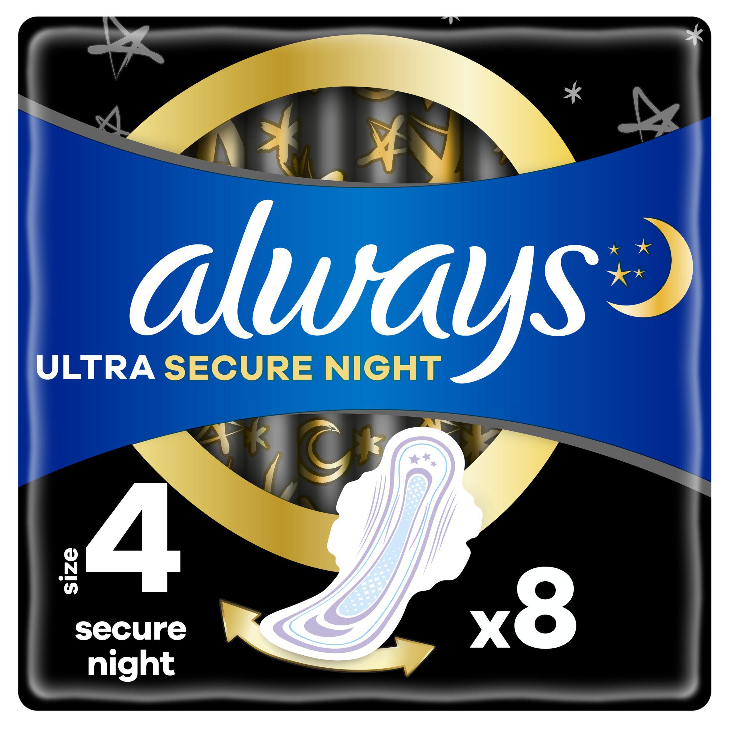 Always Ultra Sanitary Towels Secure Night Wings Size 4 Pads x8 - McGrocer