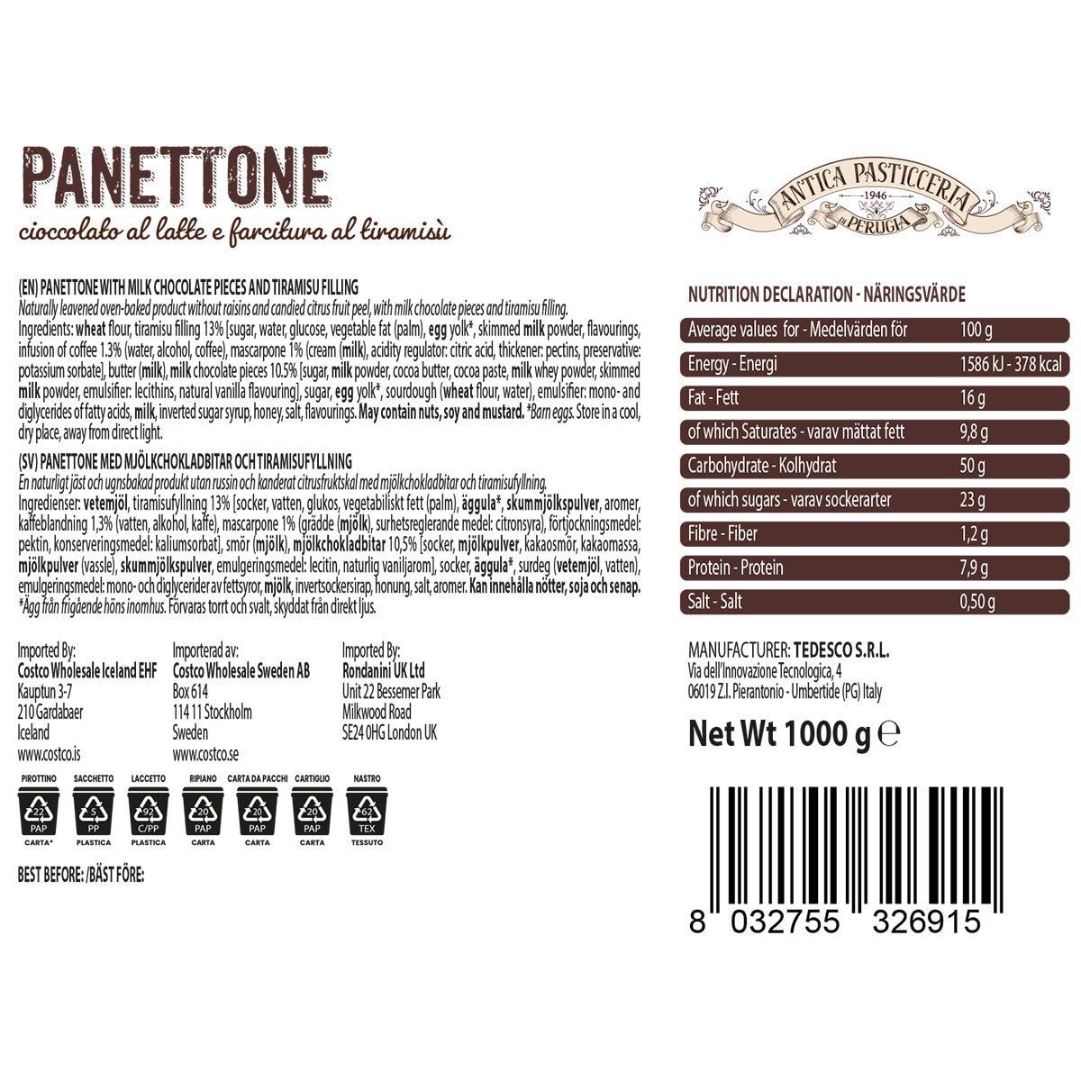 Antica Pasticceria Tiramisu & Chocolate Chip Hand Wrapped Panettone, 1kg - McGrocer